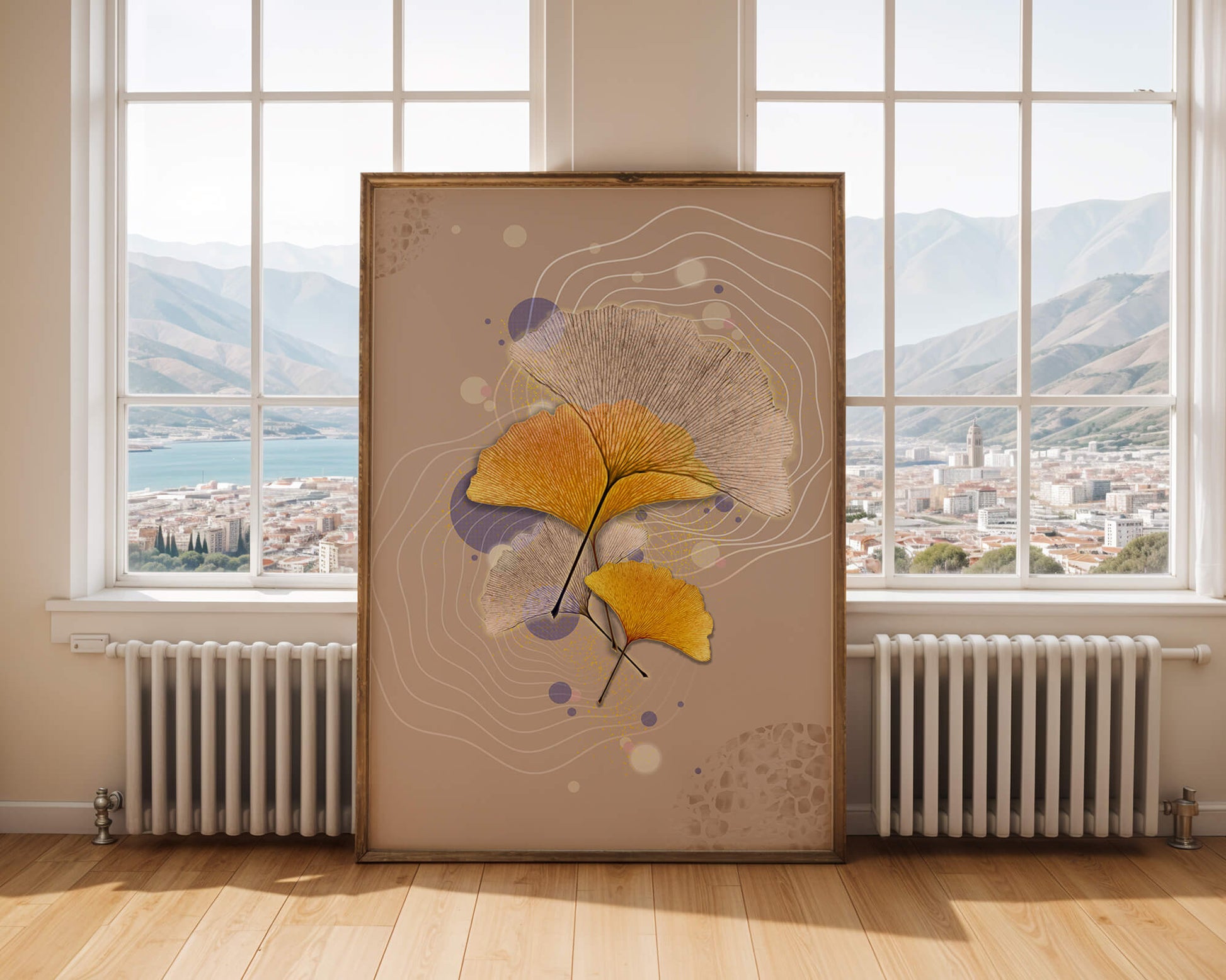 Elegant ginkgo leaves with abstract wavy and circular elements