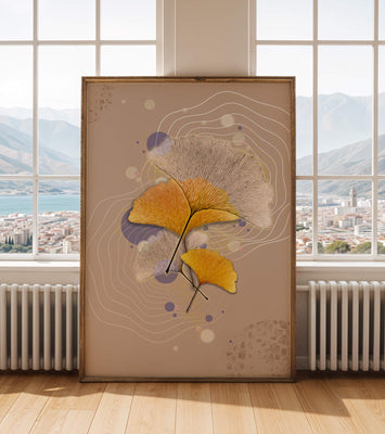 Elegant ginkgo leaves with abstract wavy and circular elements