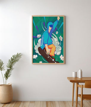 Ilustración abstracta colorida de una persona en movimiento con tonos azules y verdes