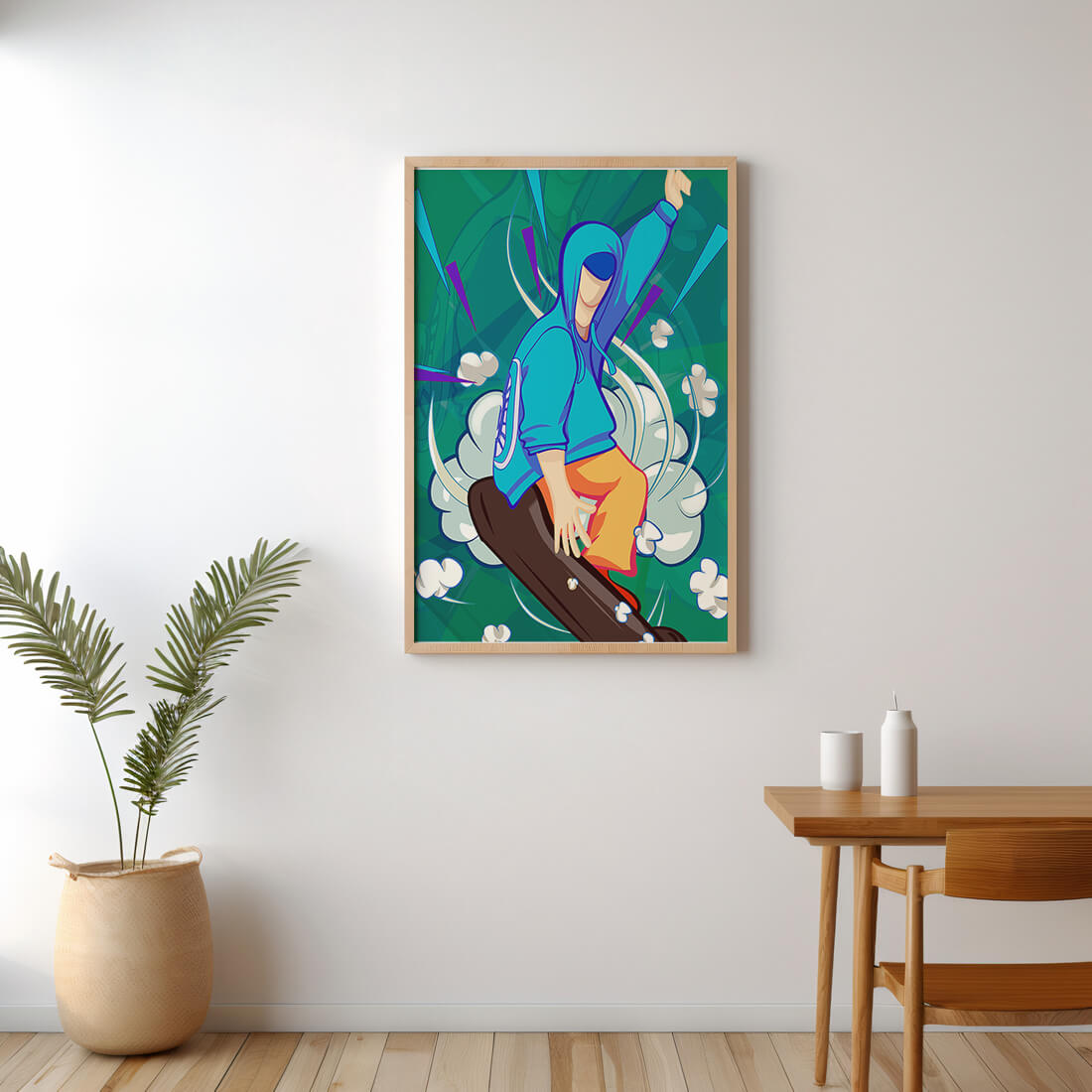 Ilustración abstracta colorida de una persona en movimiento con tonos azules y verdes