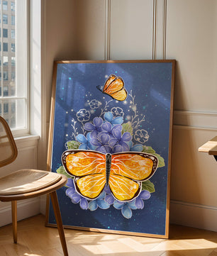 Colorida ilustración de mariposa y flores azules