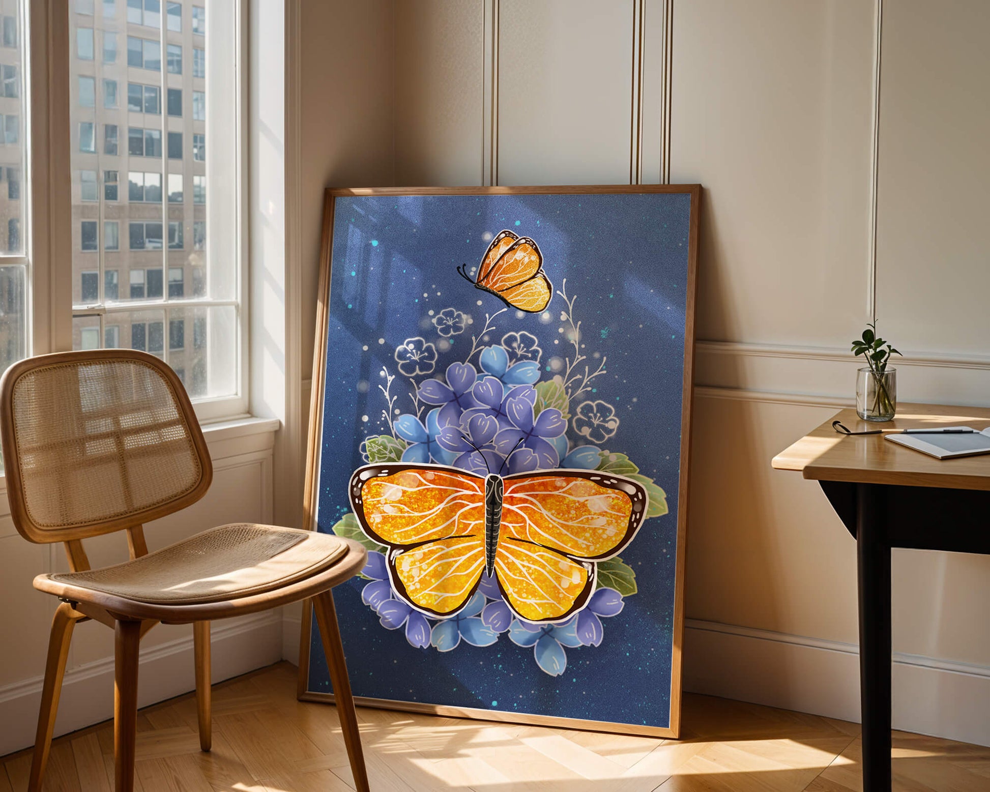 Colorida ilustración de mariposa y flores azules