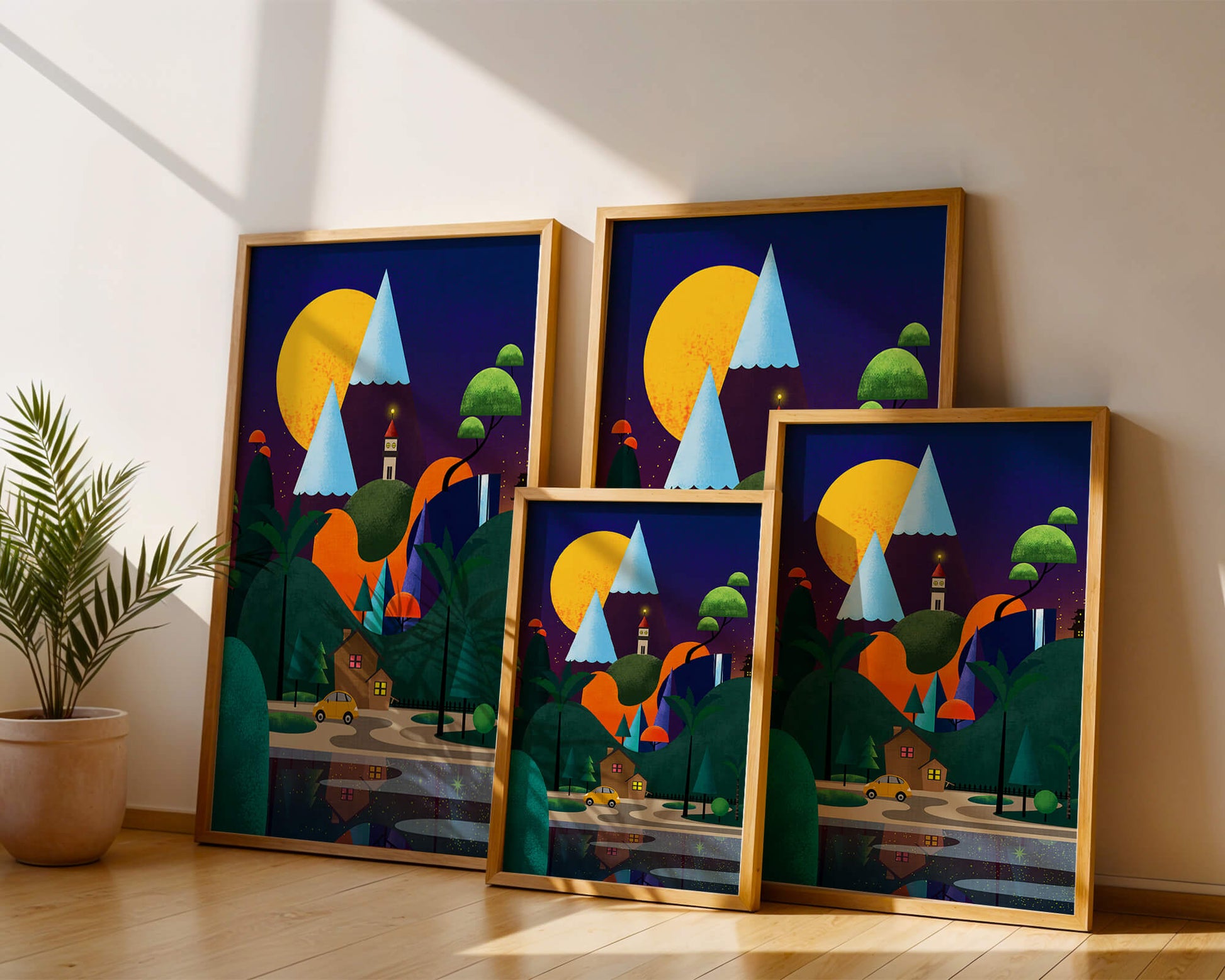 Colorful Modern Landscape with Geometric Elements and A House by The Lake Under The Night Sky