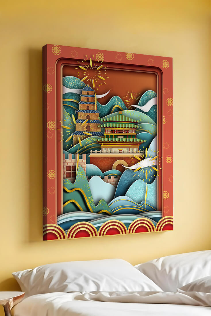 Illustrated Asian landscape with fireworks and traditional architecture