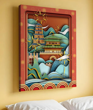 Paysage asiatique illustré avec des feux d'artifice et une architecture traditionnelle