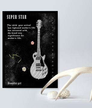 Ilustración de guitarra en blanco y negro artística con texto conmovedor