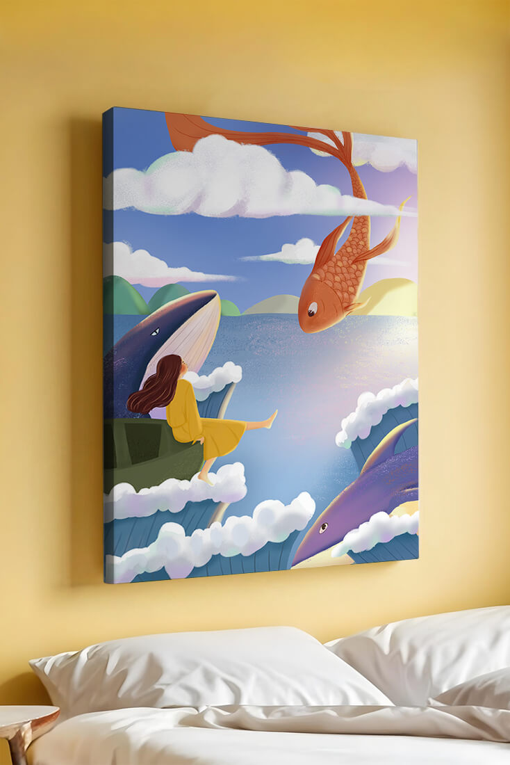 Dreamlike scene with marine life and floating figure in the sky