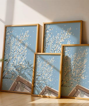 Blooming Branches Against a Clear Sky with Geometric Shapes