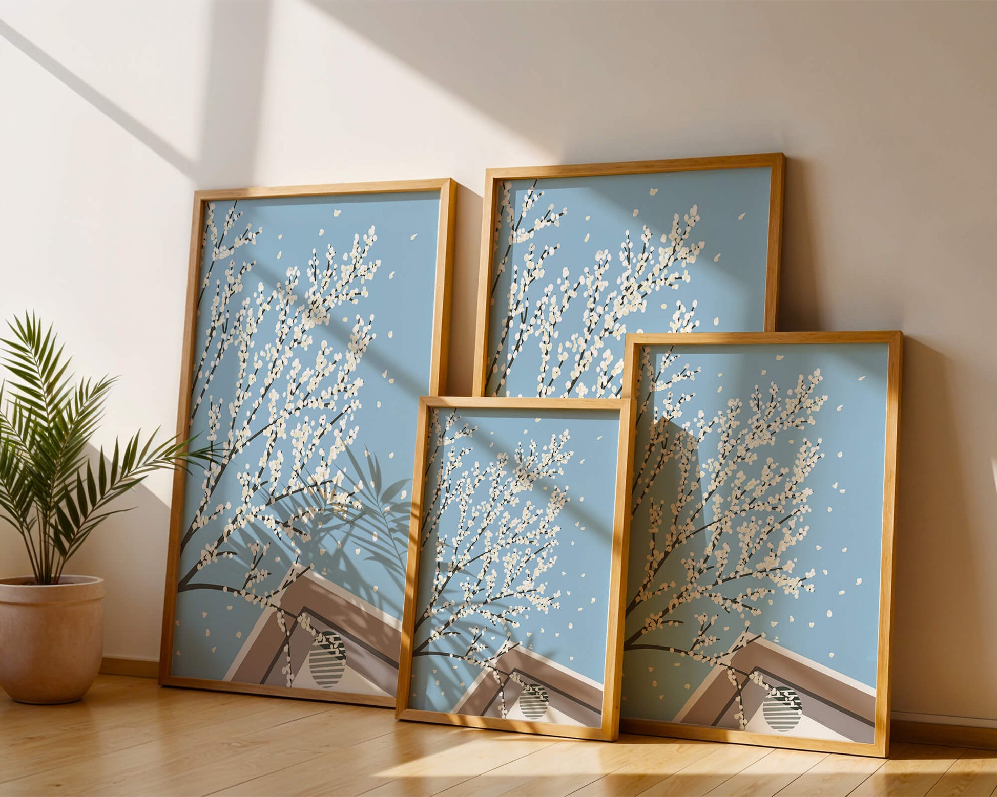 Blooming Branches Against a Clear Sky with Geometric Shapes