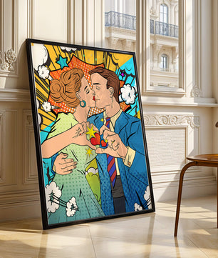 Ilustración de estilo pop art romántico de una pareja besándose con elementos cómicos