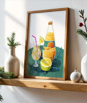Ilustración colorida de bebidas cítricas con botella y vaso