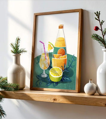 Colorful illustration of citrus drinks with bottle and glass