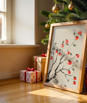 Elegant botanical illustration with vibrant red fruit on branches