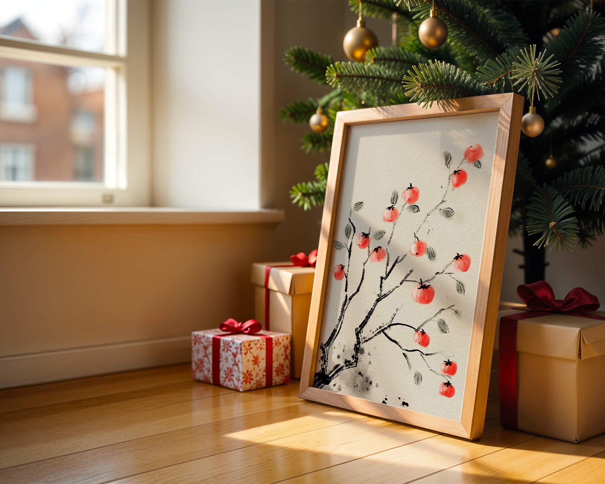 Elegant botanical illustration with vibrant red fruit on branches