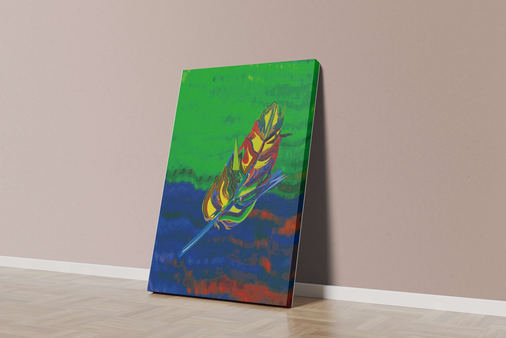 Abstract colorful feather on vibrant background