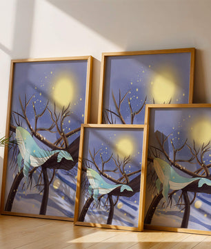 Whale resting on tree branches under starry night sky