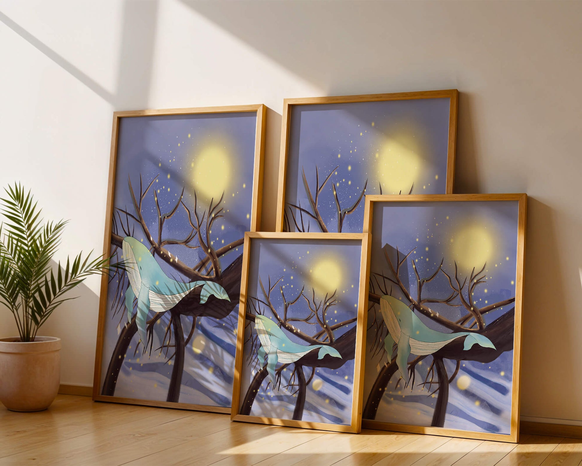 Whale resting on tree branches under starry night sky