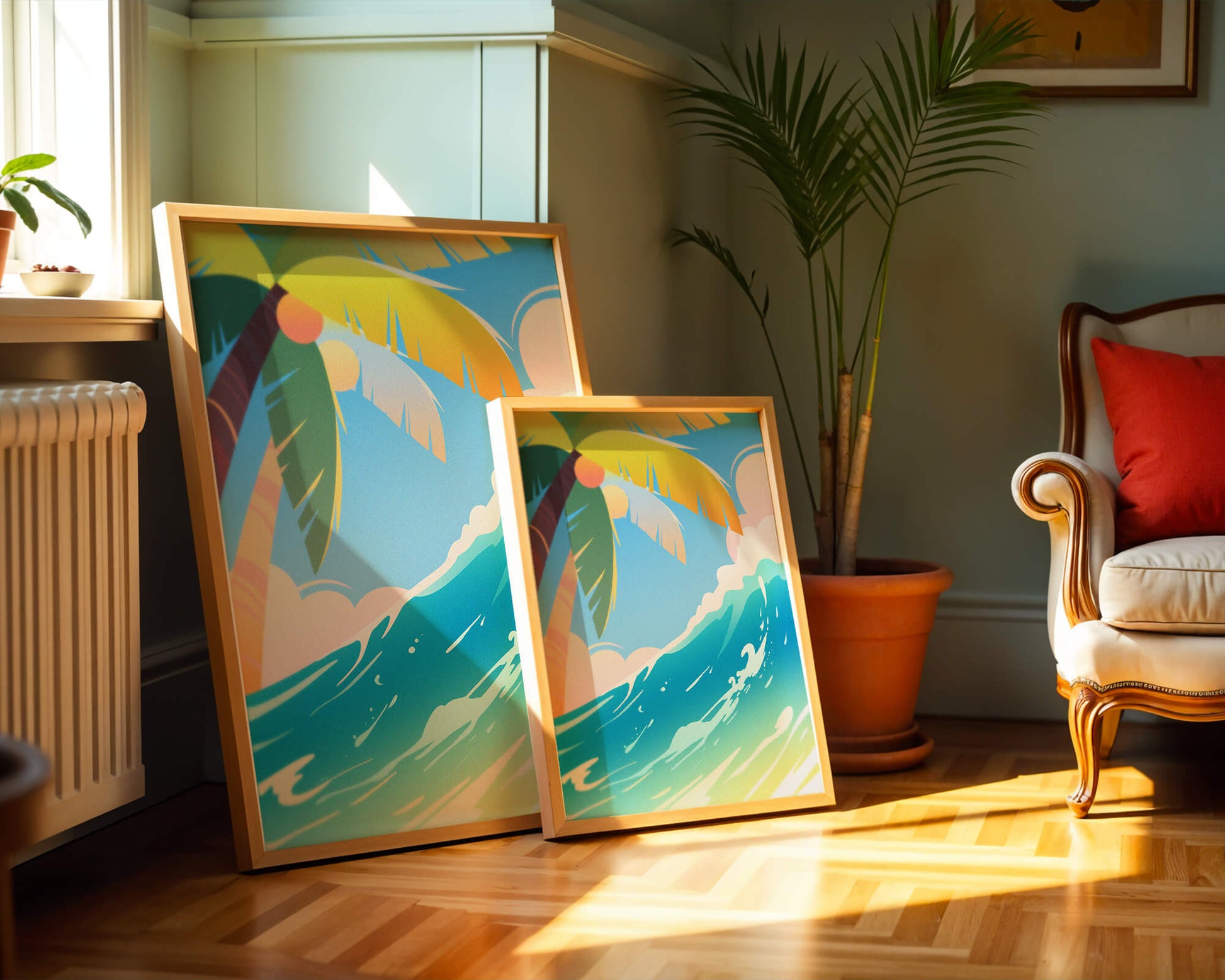 Escena vibrante de playa tropical con palmera y ola del océano