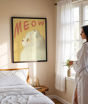 Profile View of a White Cat with Meow Text on Yellow Background