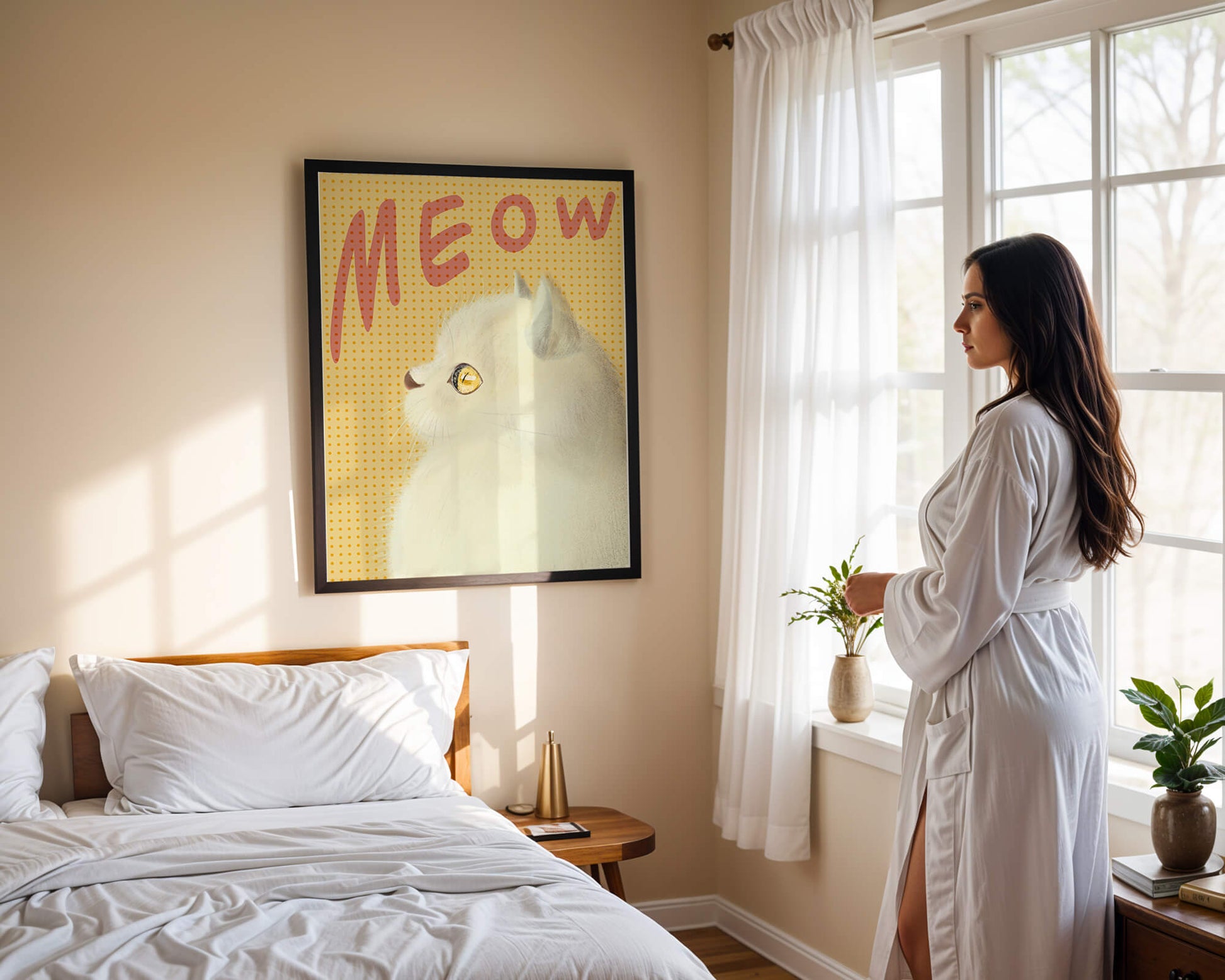 Profile View of a White Cat with Meow Text on Yellow Background