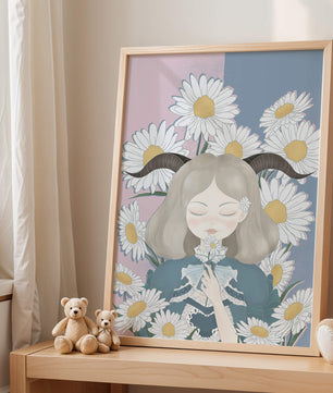Ilustración de una niña con margaritas y cuernos sobre un fondo pastel