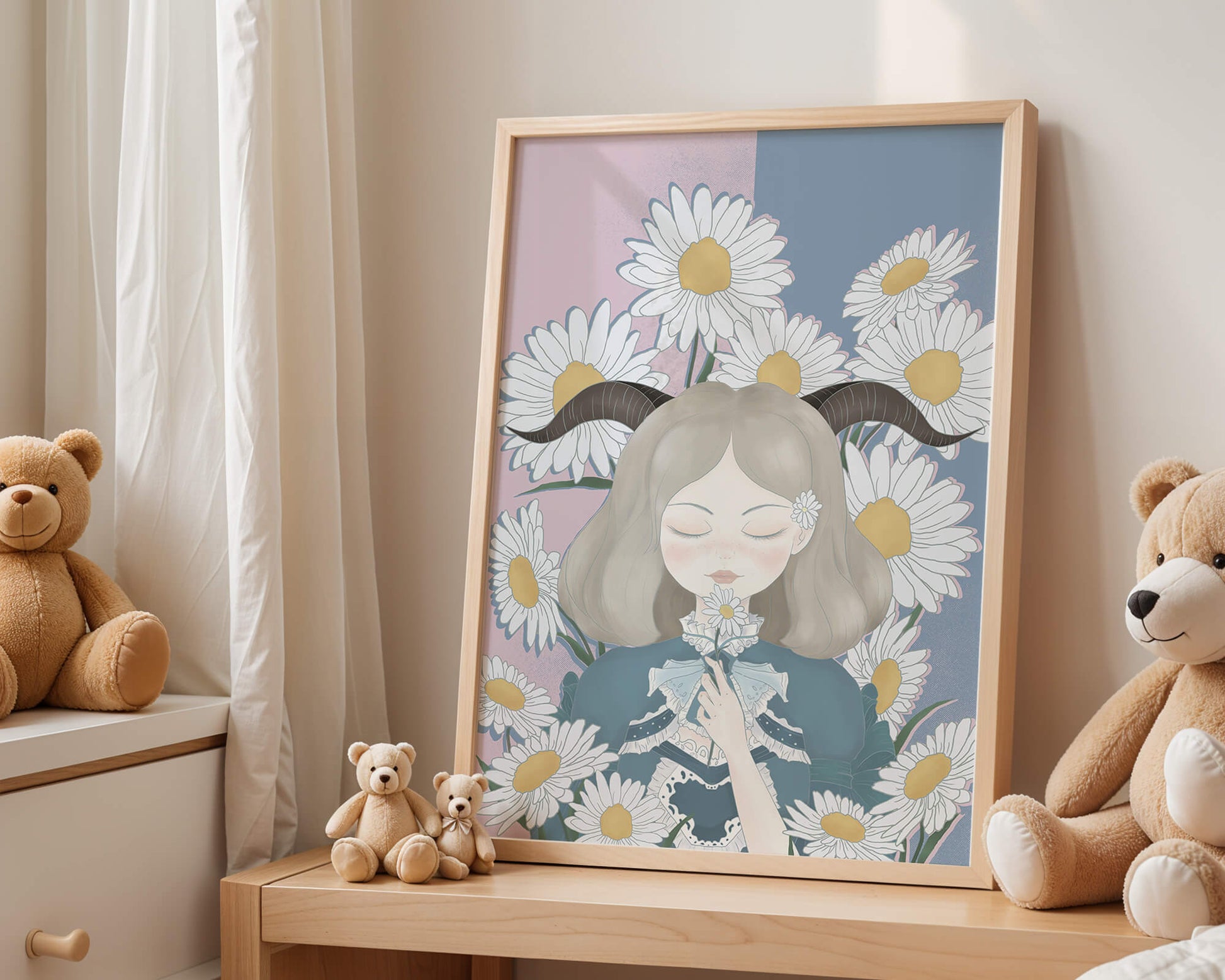 Illustration of girl with daisies and horns on a pastel background