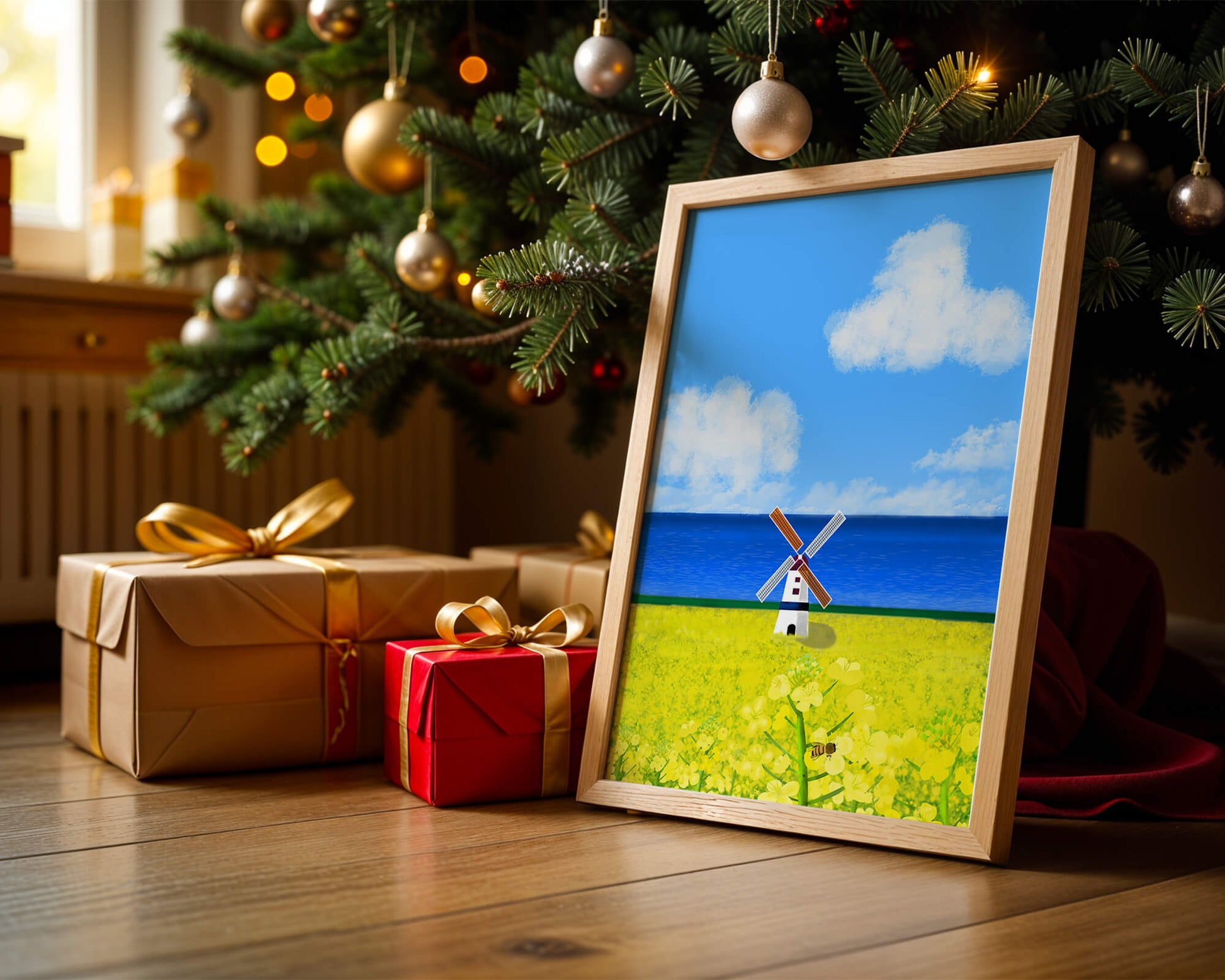 Scenic landscape with windmill in blooming field by the sea