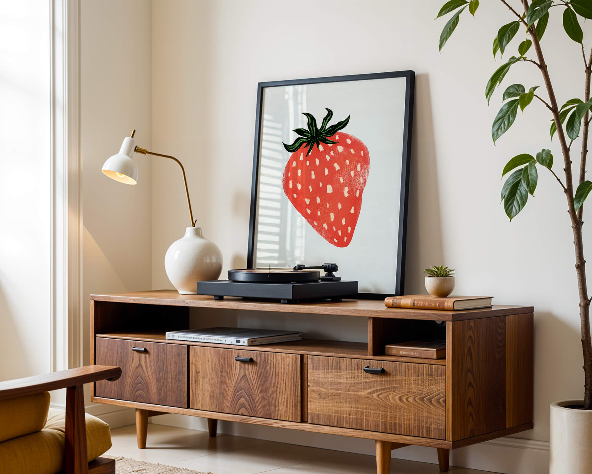 Illustrative design of a vibrant red strawberry with green leaves