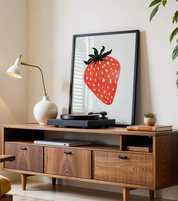 Illustrative design of a vibrant red strawberry with green leaves