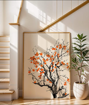 Elegant watercolor tree with vibrant orange fruit