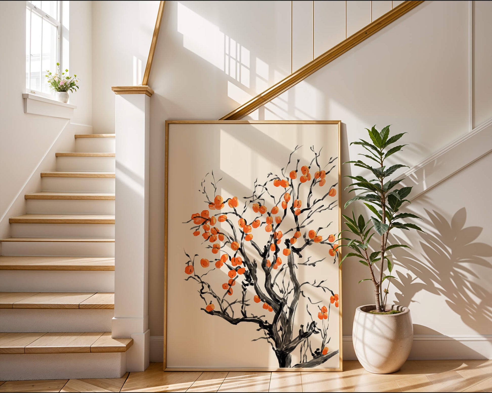 Elegant watercolor tree with vibrant orange fruit