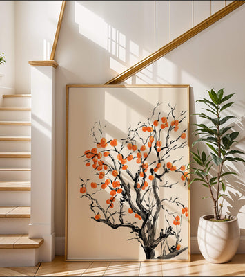 Elegant watercolor tree with vibrant orange fruit