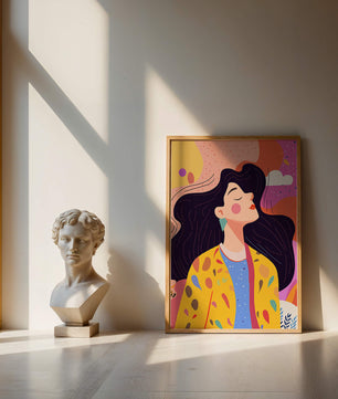 Ilustración colorida de una mujer en estilo artístico con fondo vibrante