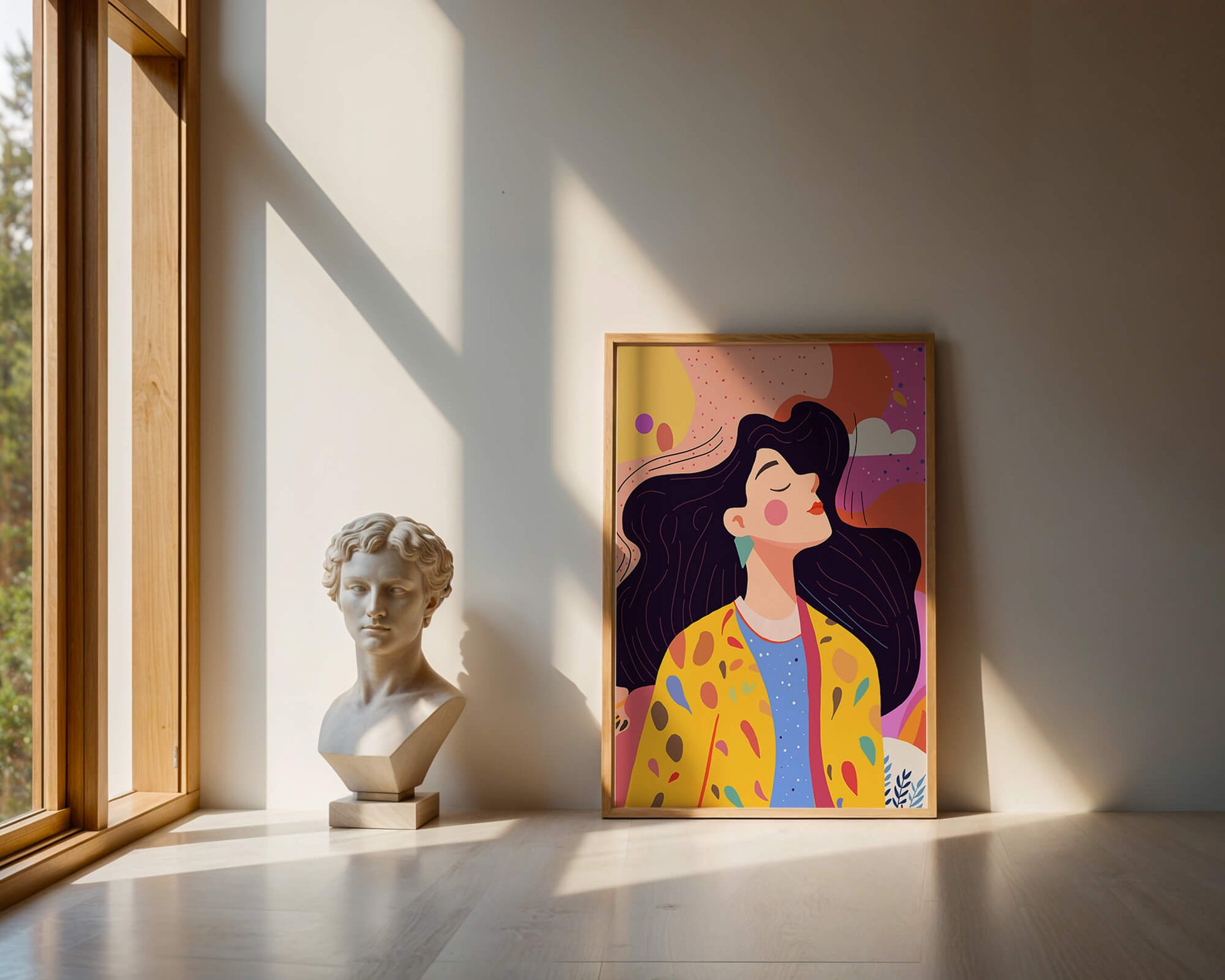 Ilustración colorida de una mujer en estilo artístico con fondo vibrante