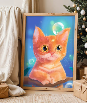 Adorable orange kitten illustration with bubbles and a colorful background