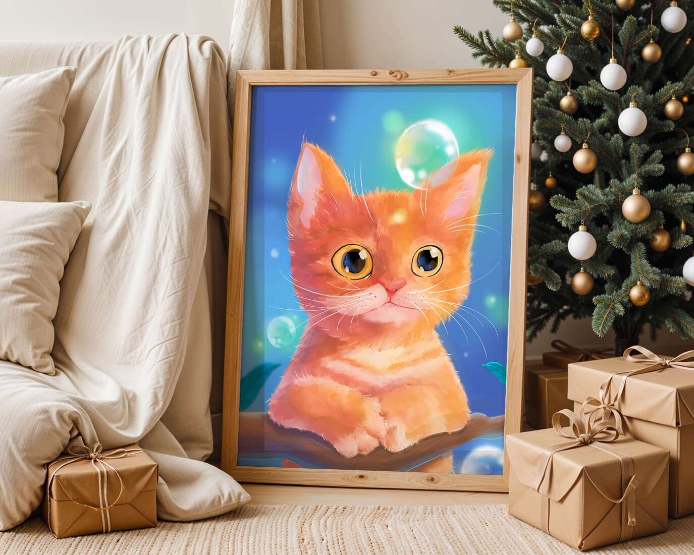 Adorable orange kitten illustration with bubbles and a colorful background