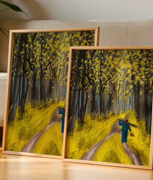 Man Walking Through a Sunny Forest with Golden Leaves