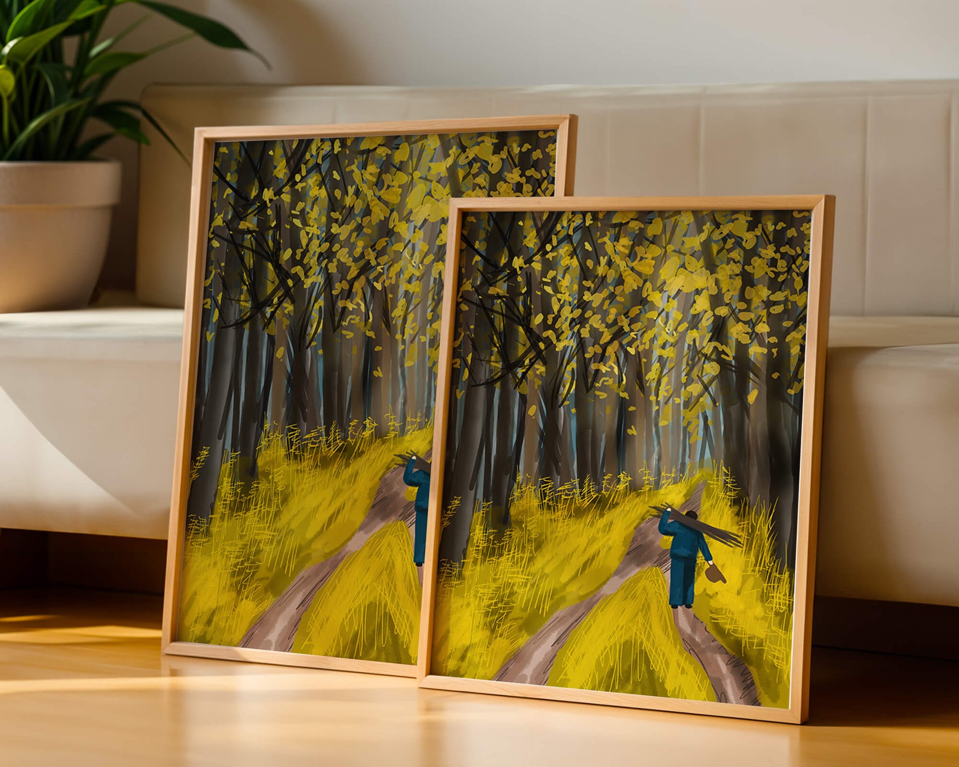 Man Walking Through a Sunny Forest with Golden Leaves