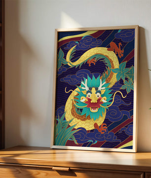 Illustration de dragon coloré avec des nuages ​​et des éléments de feuillage