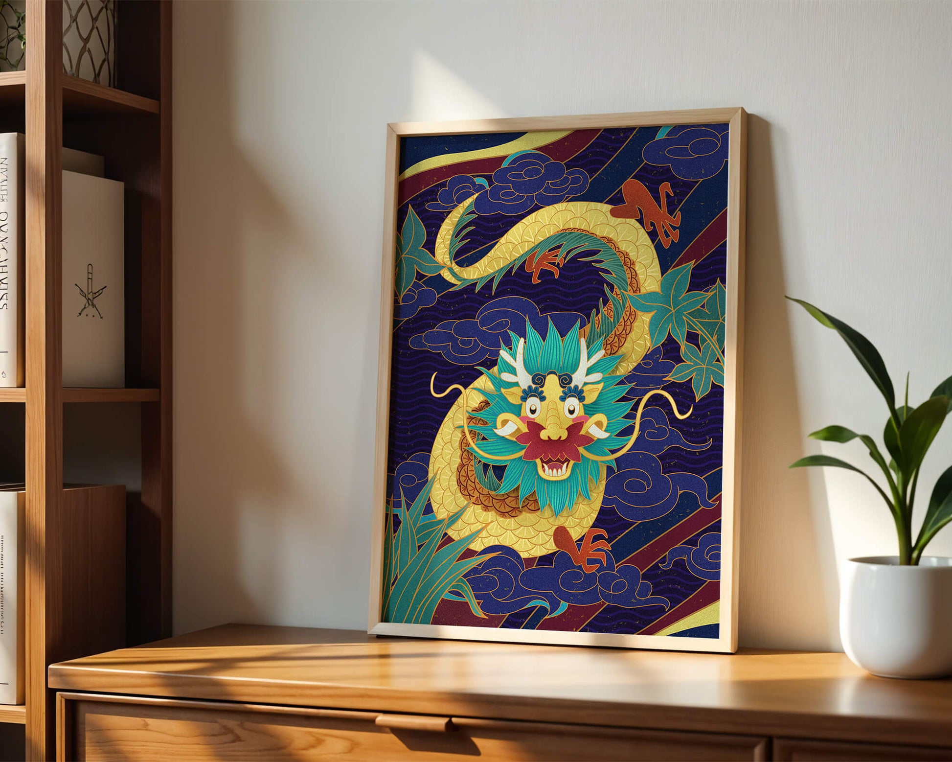 Illustration de dragon coloré avec des nuages ​​et des éléments de feuillage