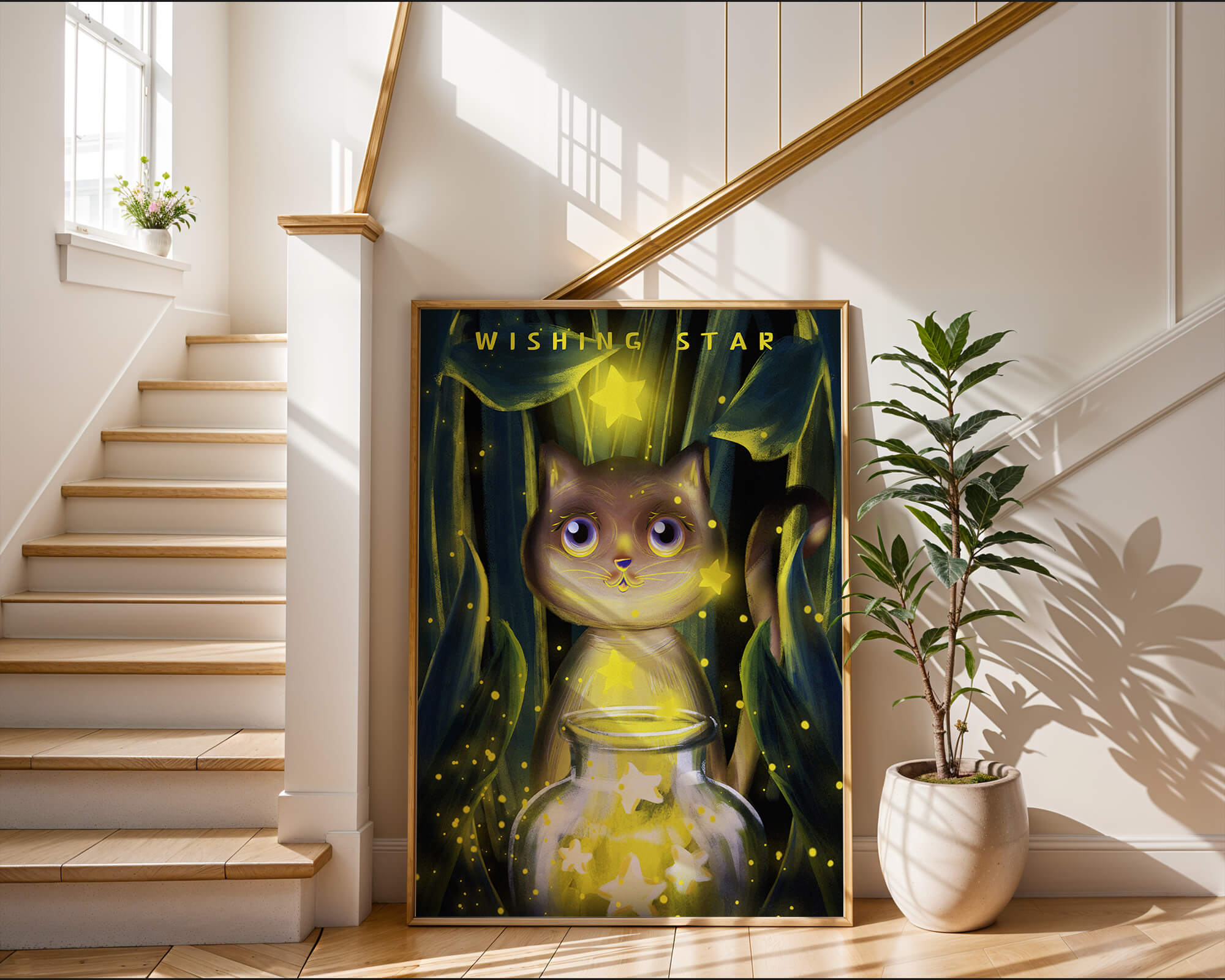 Cat under starry night in a magical forest setting