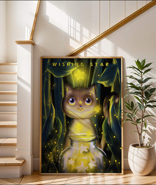 Cat under starry night in a magical forest setting