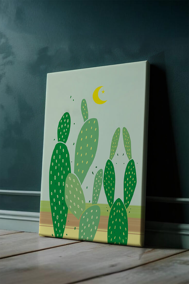Desert cactus illustration with crescent moon