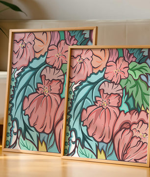 Elegant floral pattern illustration with pink blossoms and green leaves