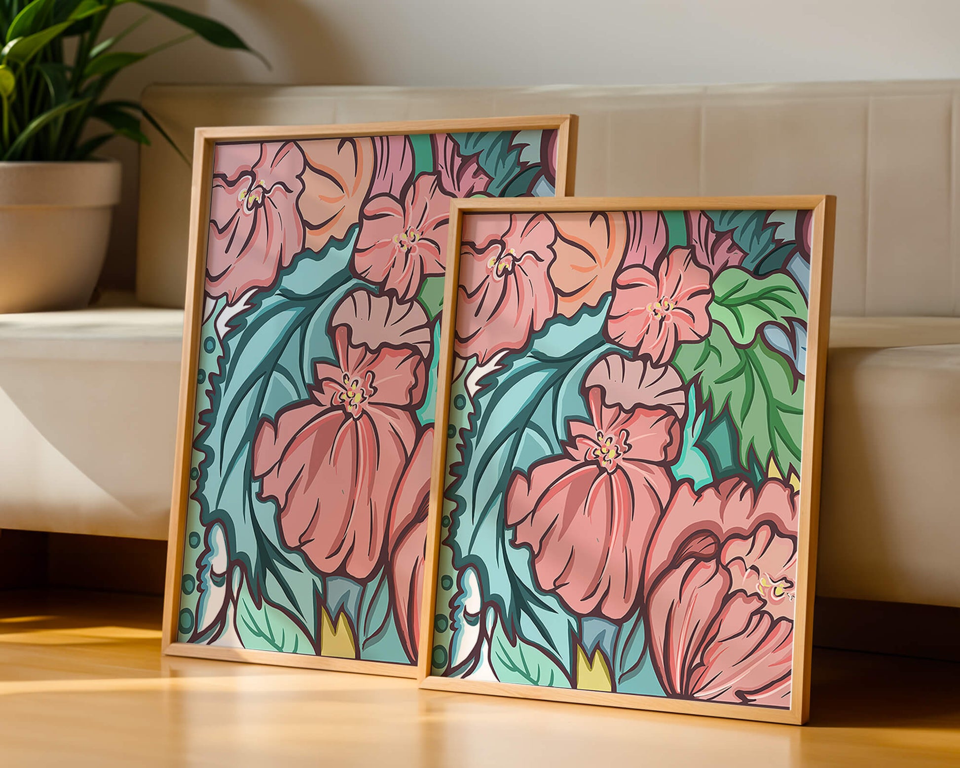 Elegant floral pattern illustration with pink blossoms and green leaves