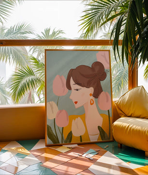 Serene woman surrounded by pastel tulips illustration