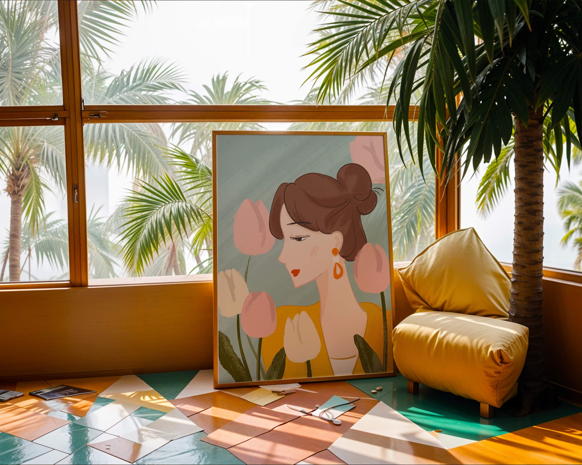 Serene woman surrounded by pastel tulips illustration