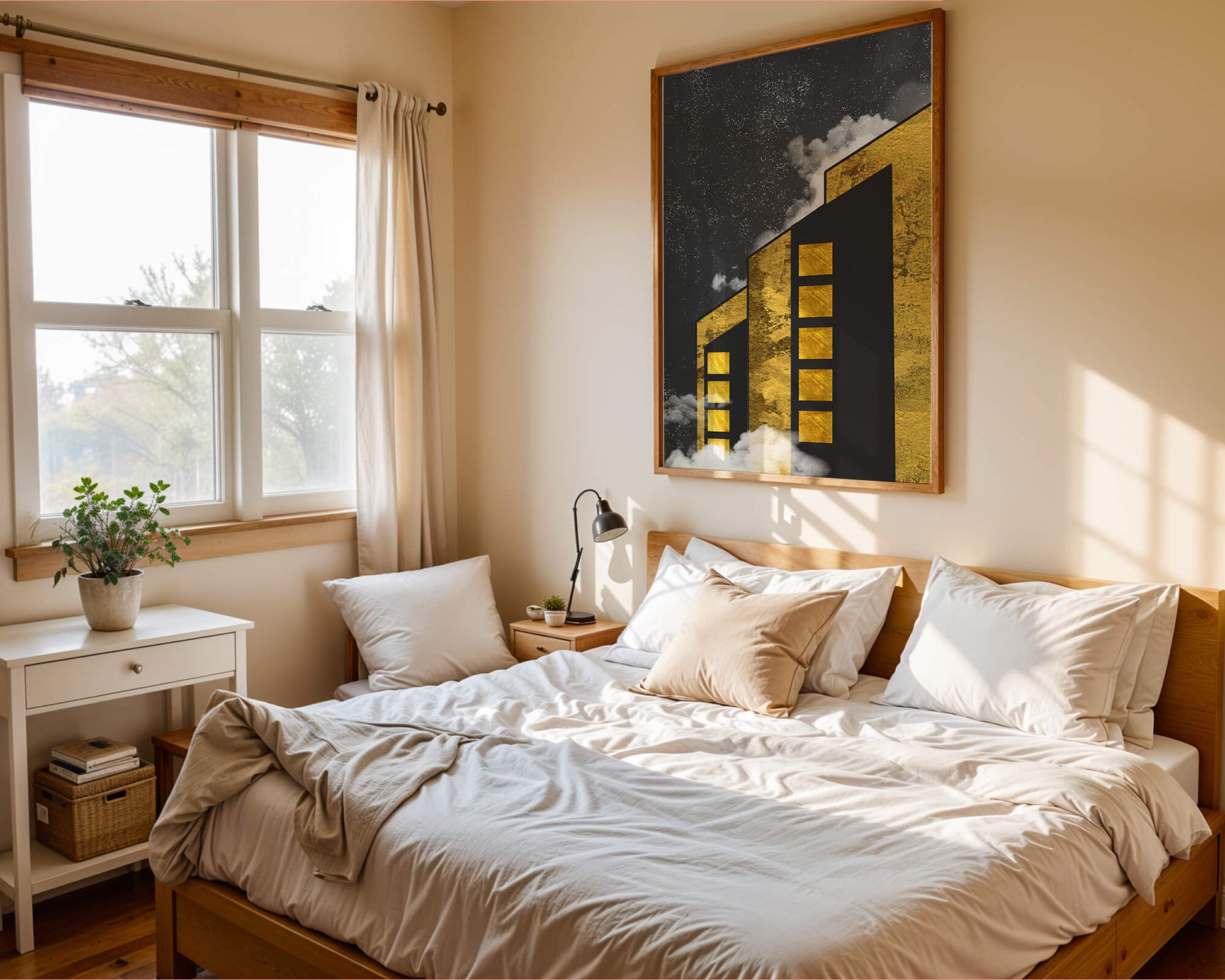Artistic architectural illustration with golden elements and night sky