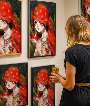 Illustration d'une fille en capuchon rouge tenant une pomme dans une forêt