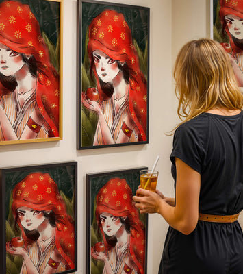 Illustration of a girl in a red hood holding an apple in a forest
